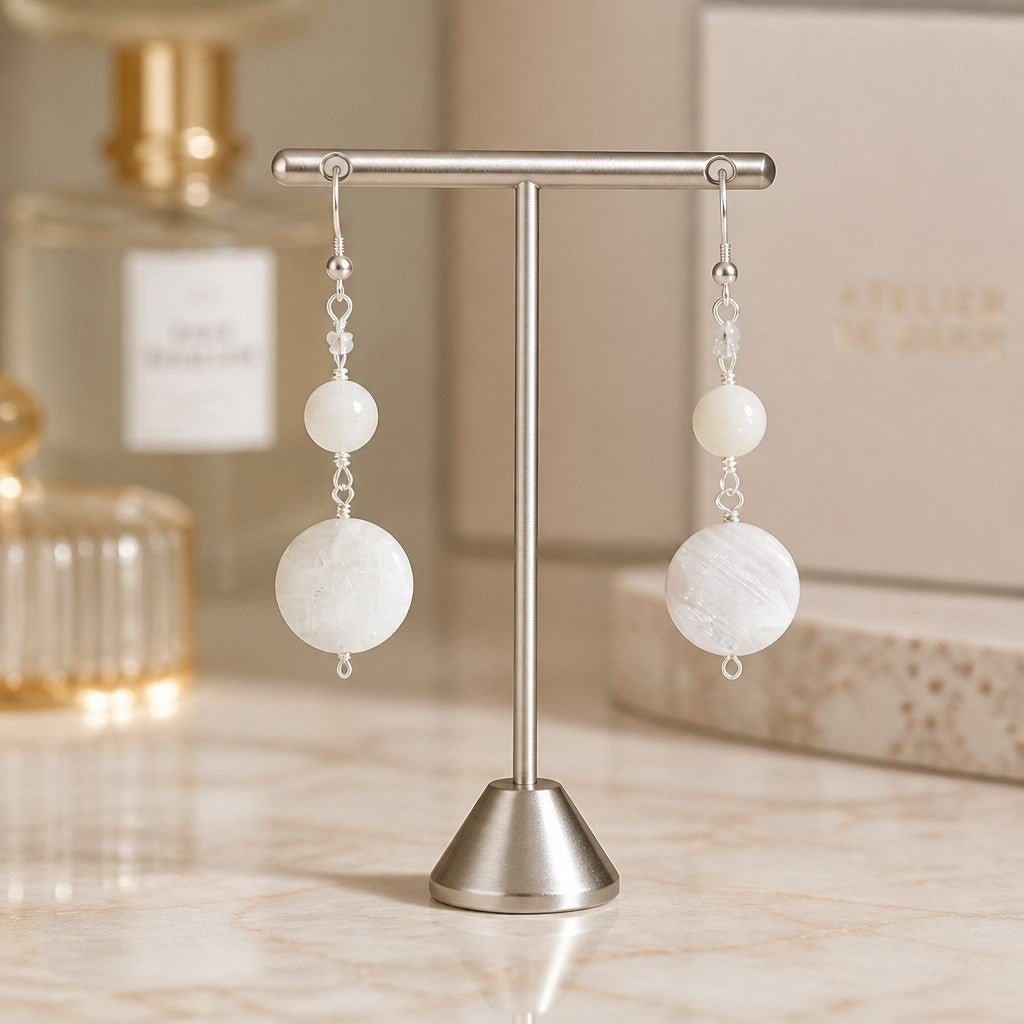 Boucles d'Oreilles Pierre de Lune Blanche - Argent 925 & Pierre Naturelle