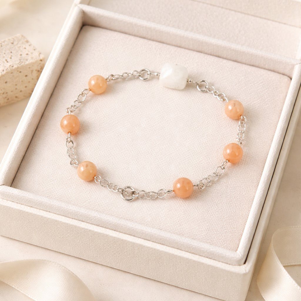 Bracelet Pierre de Lune Pêche et Blanche Argent 925