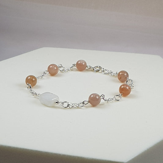 Pierre de lune pêche + blanche argent 925