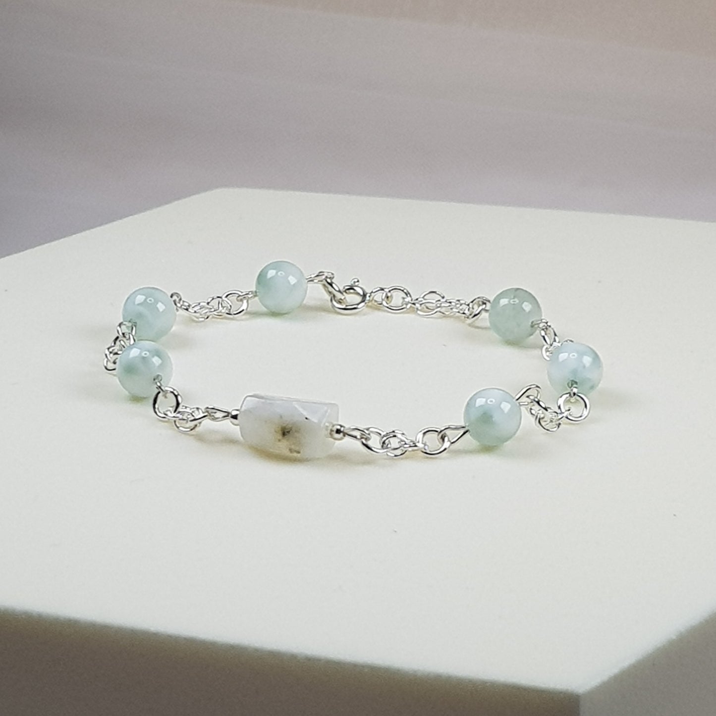 Pierre de lune verte + blanche argent 925