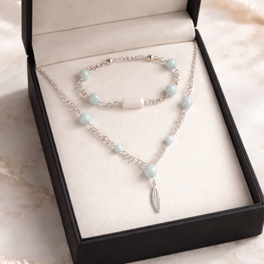 Parure Pierre de Lune Verte et Blanche Argent 925