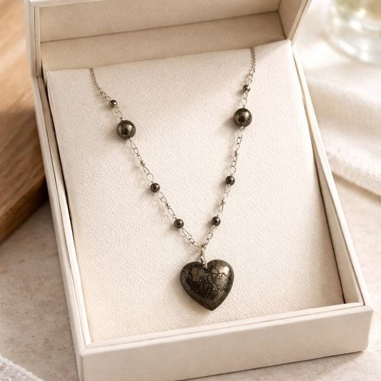 Pendentif Pyrite Cœur Argent 925 - Pierre d'Abondance
