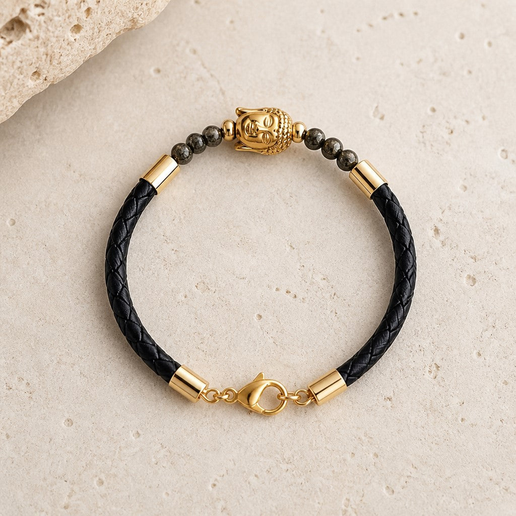 Bracelet Pyrite Acier - Pierre Naturelle simili cuir 4 mm