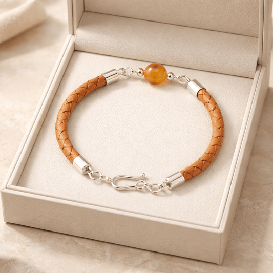 Bracelet Quartz Hématoïde Jaune Argent 925 simili cuir