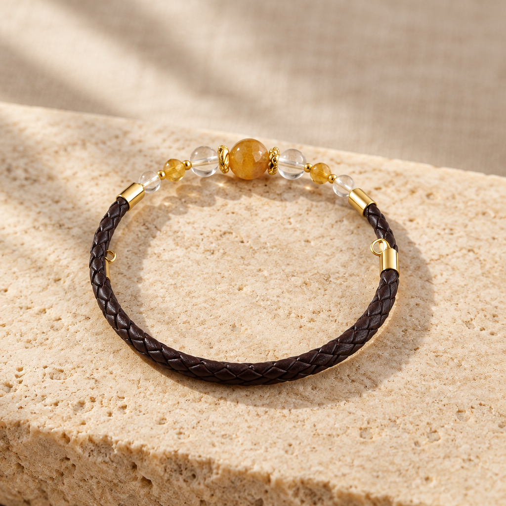 Bracelet Quartz Hématoïde Jaune Argent doré simili cuir