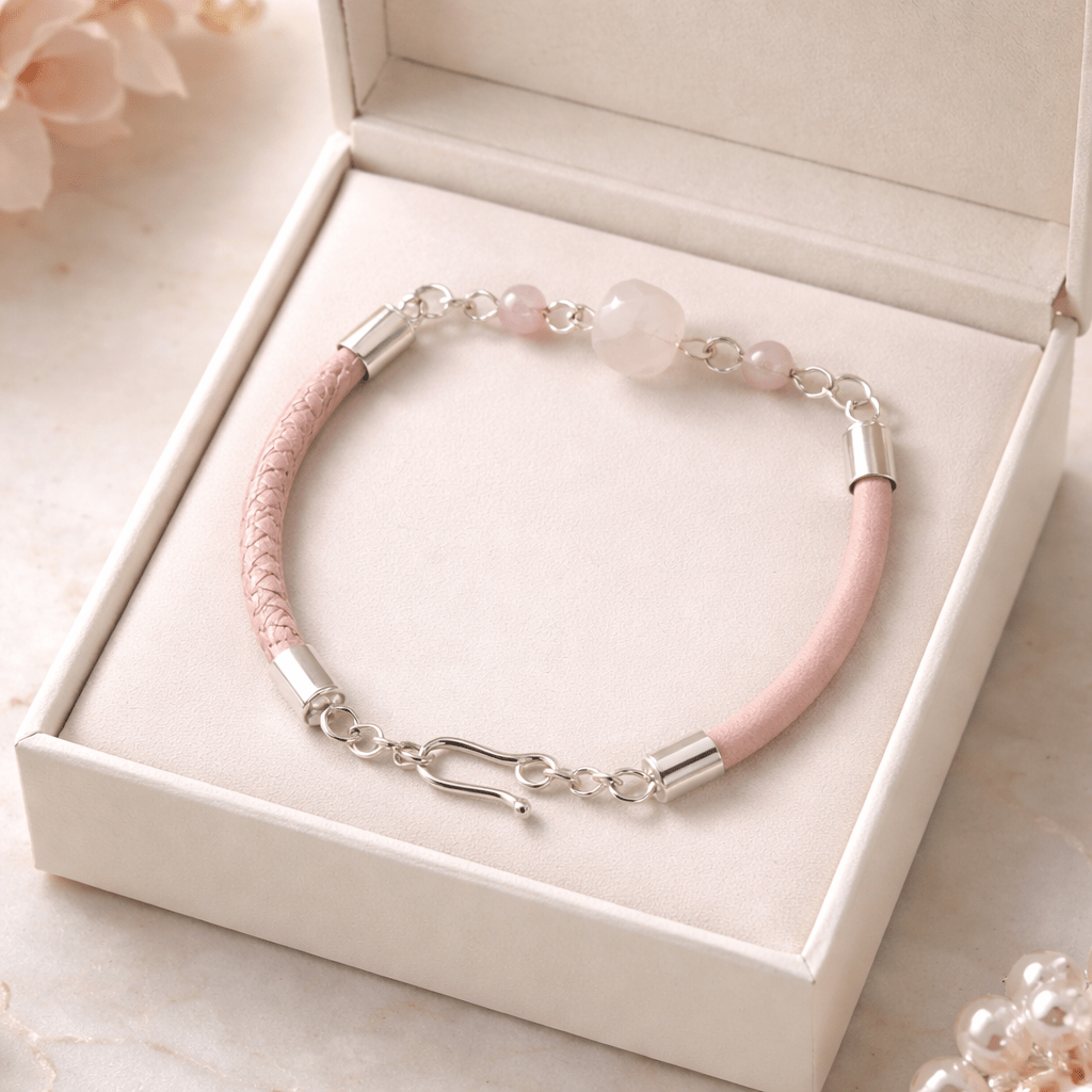 Bracelet Quartz Rose Argent 925 simili cuir