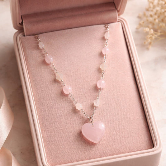 Pendentif Quartz Rose Cœur Argent 925 - Pierre d'Amour Inconditionnel