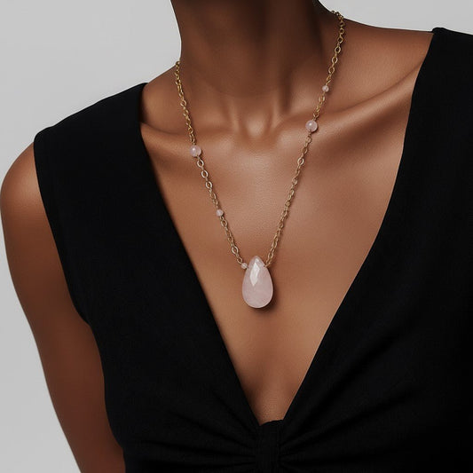 Pendentif Quartz Rose Acier Inoxydable - Pierre de Douceur