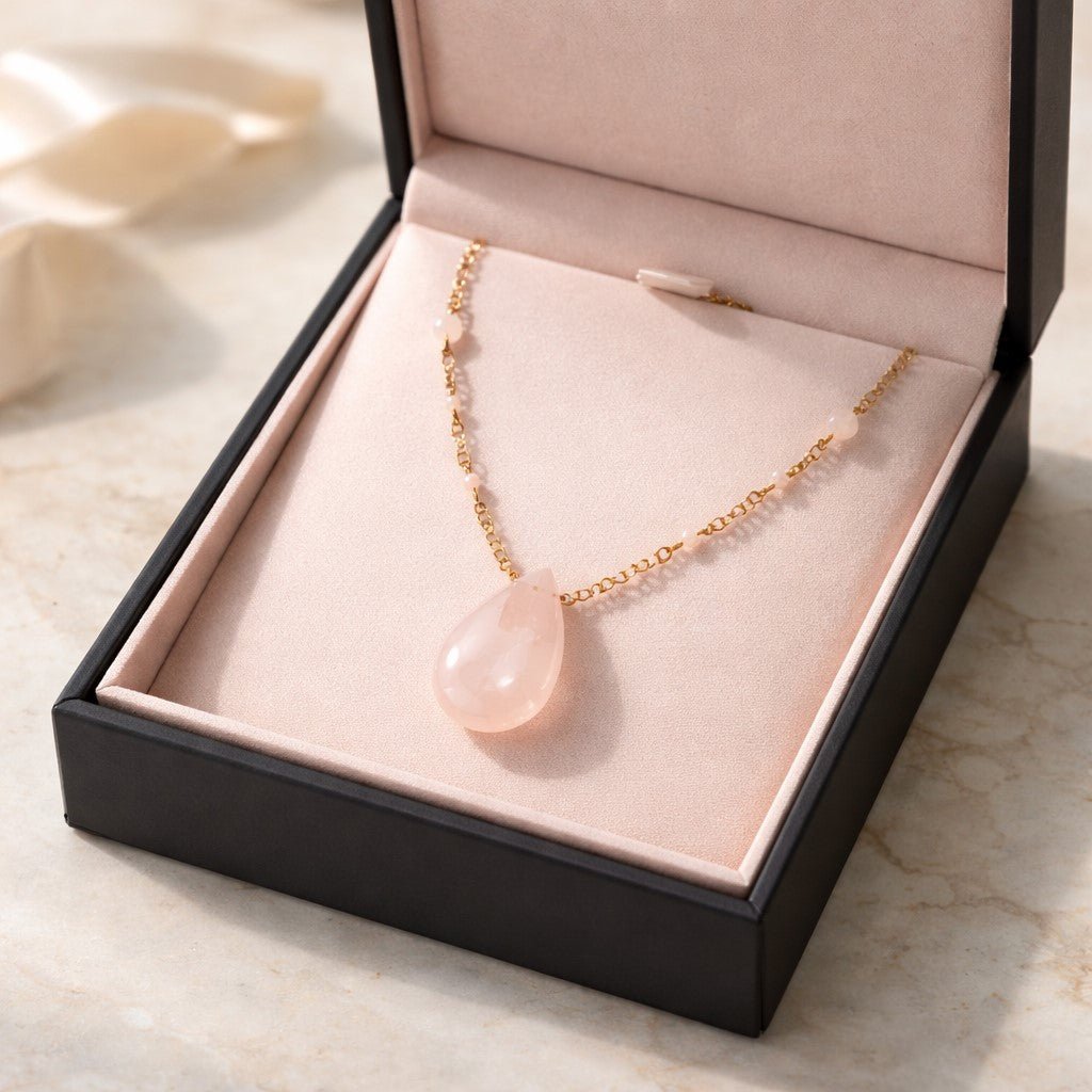 Pendentif Quartz Rose Acier Inoxydable - Pierre de Douceur