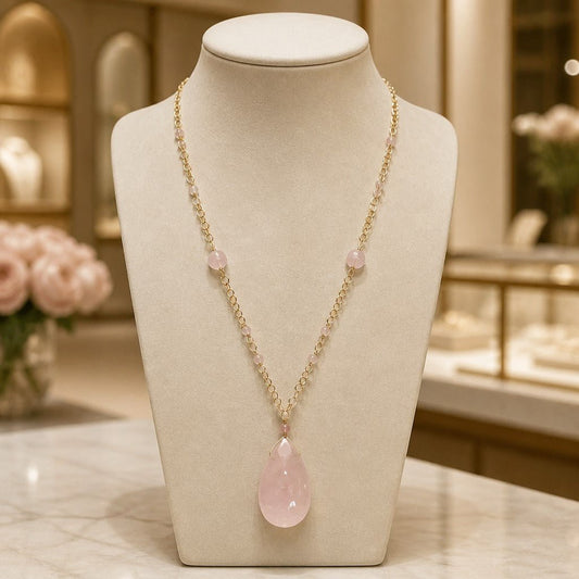 Pendentif Quartz Rose Acier Inoxydable - Pierre de Douceur