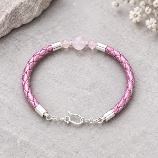 Bracelet Quartz Rose Argent 925 simili cuir