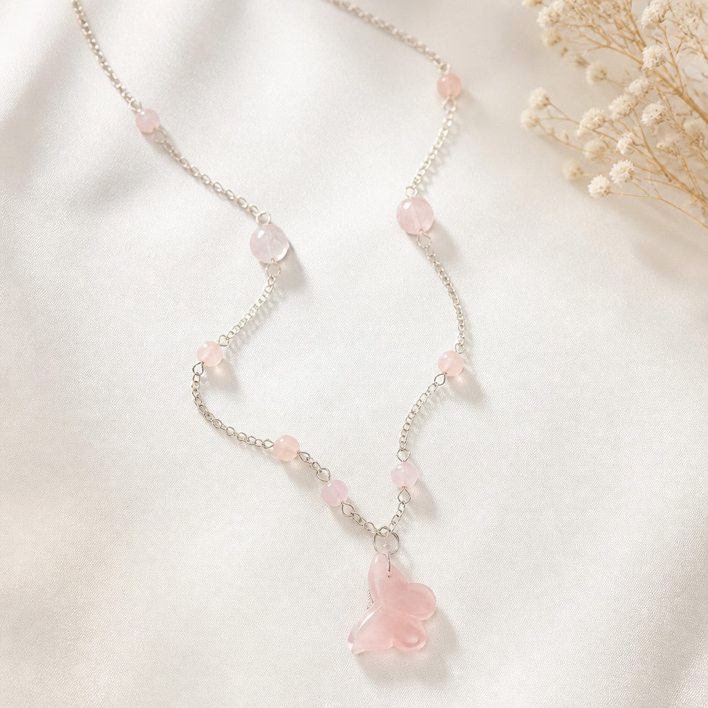 Pendentif Quartz Rose Papillon Argent 925 - Pierre de Transformation