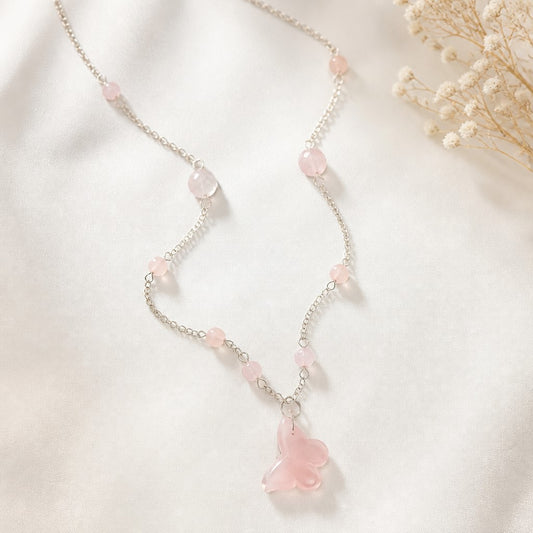 Pendentif Quartz Rose Papillon Argent 925 - Pierre de Transformation