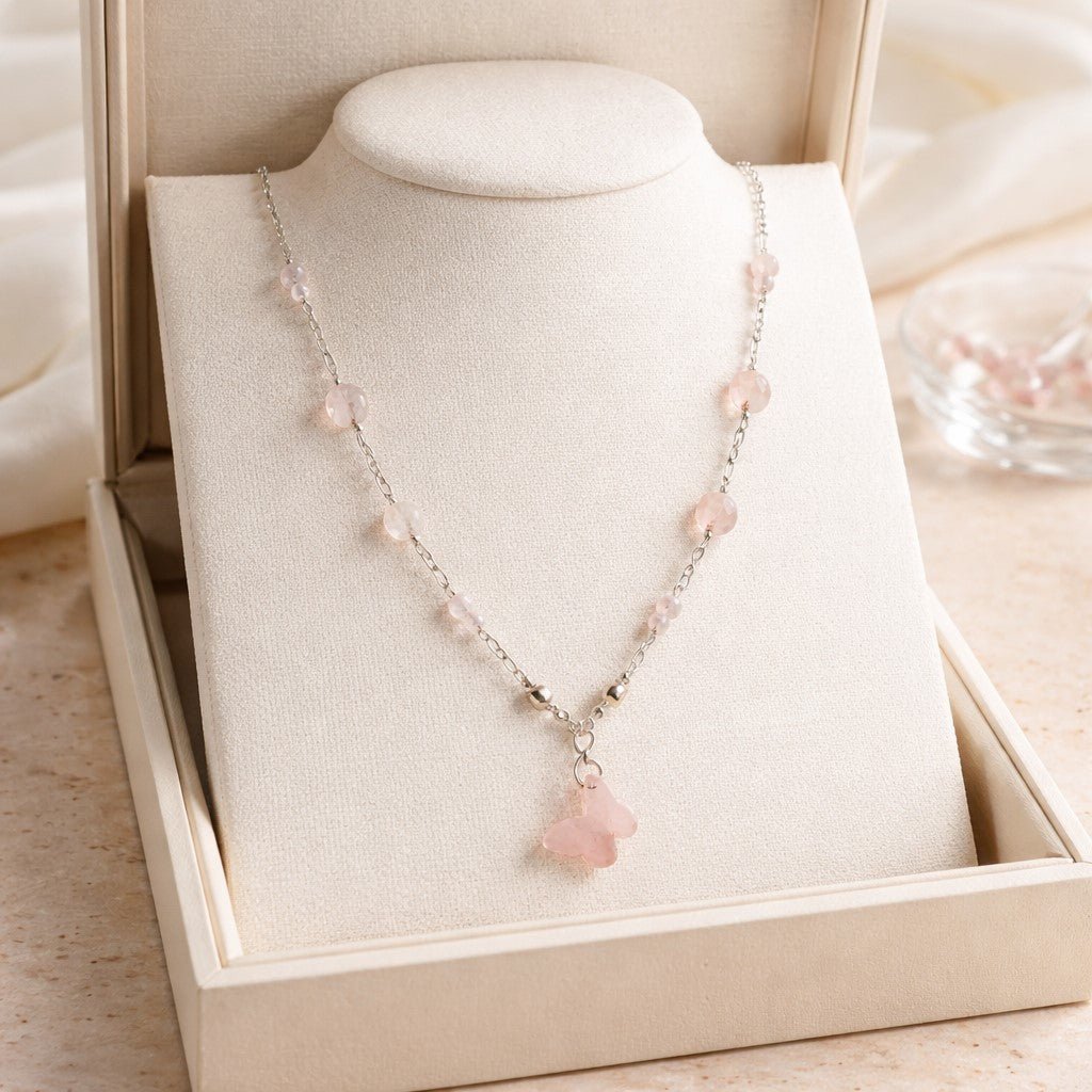 Pendentif Quartz Rose Papillon Argent 925 - Pierre de Transformation