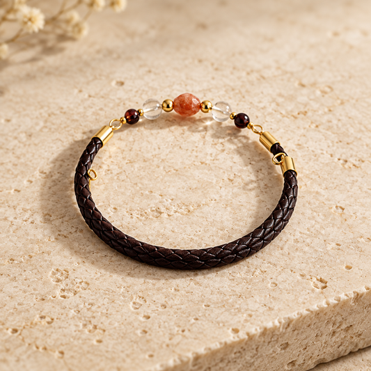 Bracelet Quartz Hématoïde Rouge argent doré simili cuir