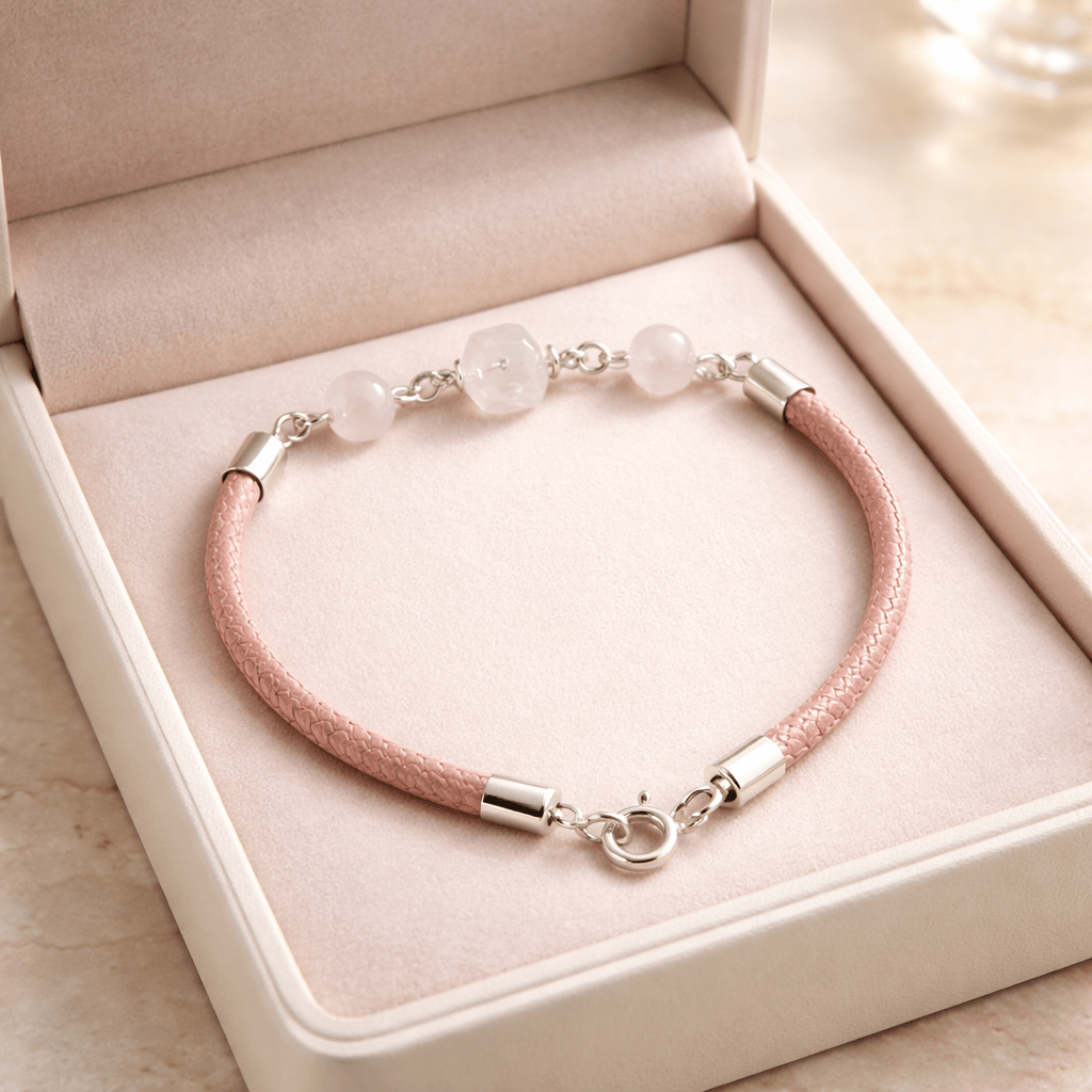 Bracelet Quartz Rose Argent 925 simili cuir