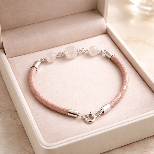 Bracelet Quartz Rose Argent 925 simili cuir
