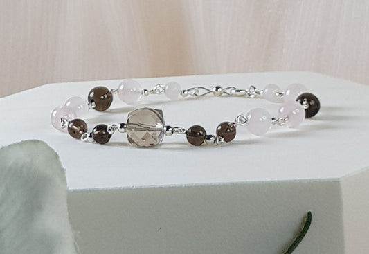Quartz rose, quartz fumé, argent 925