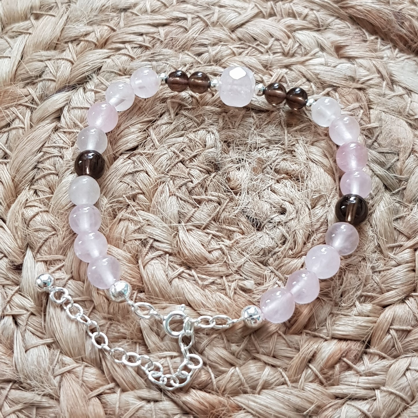 Bracelet quartz rose, quartz fumé, argent 925