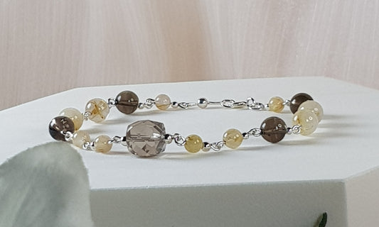 Quartz fumé, quartz rutile, argent 925