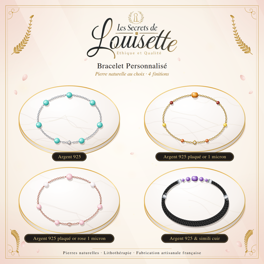 Bracelet Personnalisé Pierre au Choix | Argent 925 & Plaqué Or 1 micron, plaqué or rose 1 micron ou simili cuir