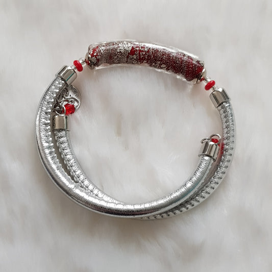 Bracelet murano tube rouge argenté