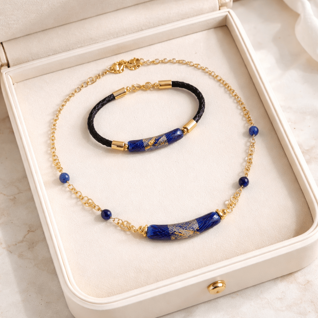 Parure Acier Verre Murano Bleu Nuit + Sodalite - Collier Vénitien Certifié
