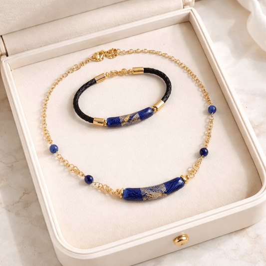 Parure Acier Verre Murano Bleu Nuit + Sodalite - Collier Vénitien Certifié
