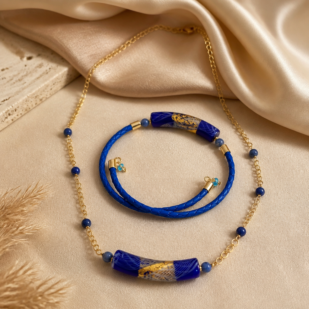 Parure Acier Verre Murano Bleu Nuit + Sodalite - Collier Vénitien Certifié
