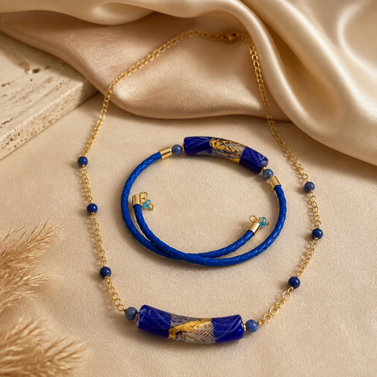 Parure Acier Verre Murano Bleu Nuit + Sodalite - Collier Vénitien Certifié