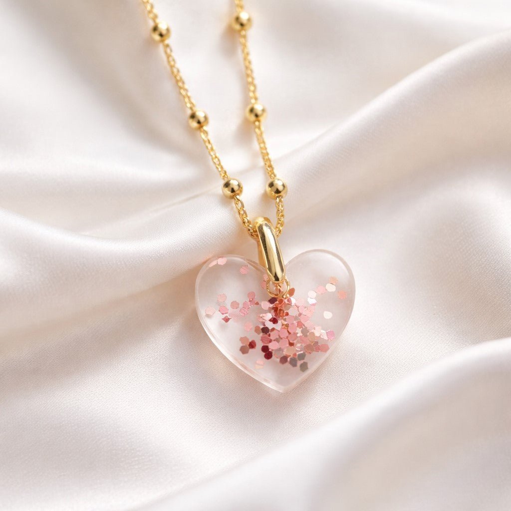 Collier Cœur Rose Pailleté en Résine - Bijou Artisanal Scintillant