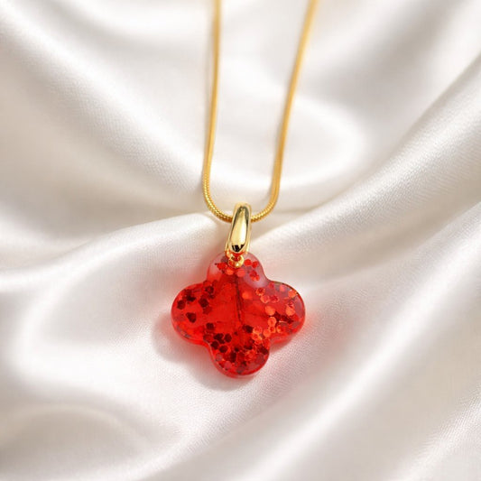 Collier Pendentif Trèfle Alhambra Rouge Paillettes Or - Passion et Chance