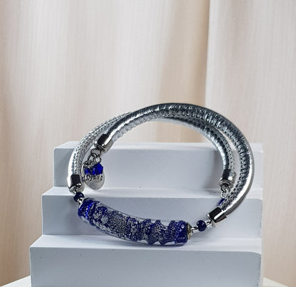 Bracelet murano tube bleu argenté