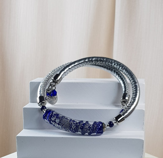 Bracelet murano tube bleu argenté