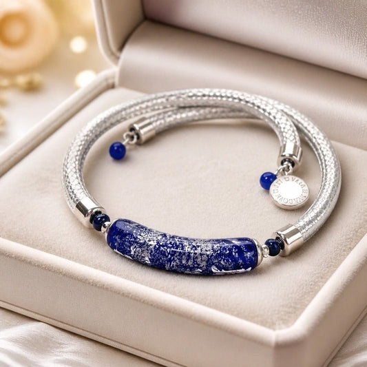 Bracelet Murano Tube Bleu Argenté - Verre de Venise Certifié