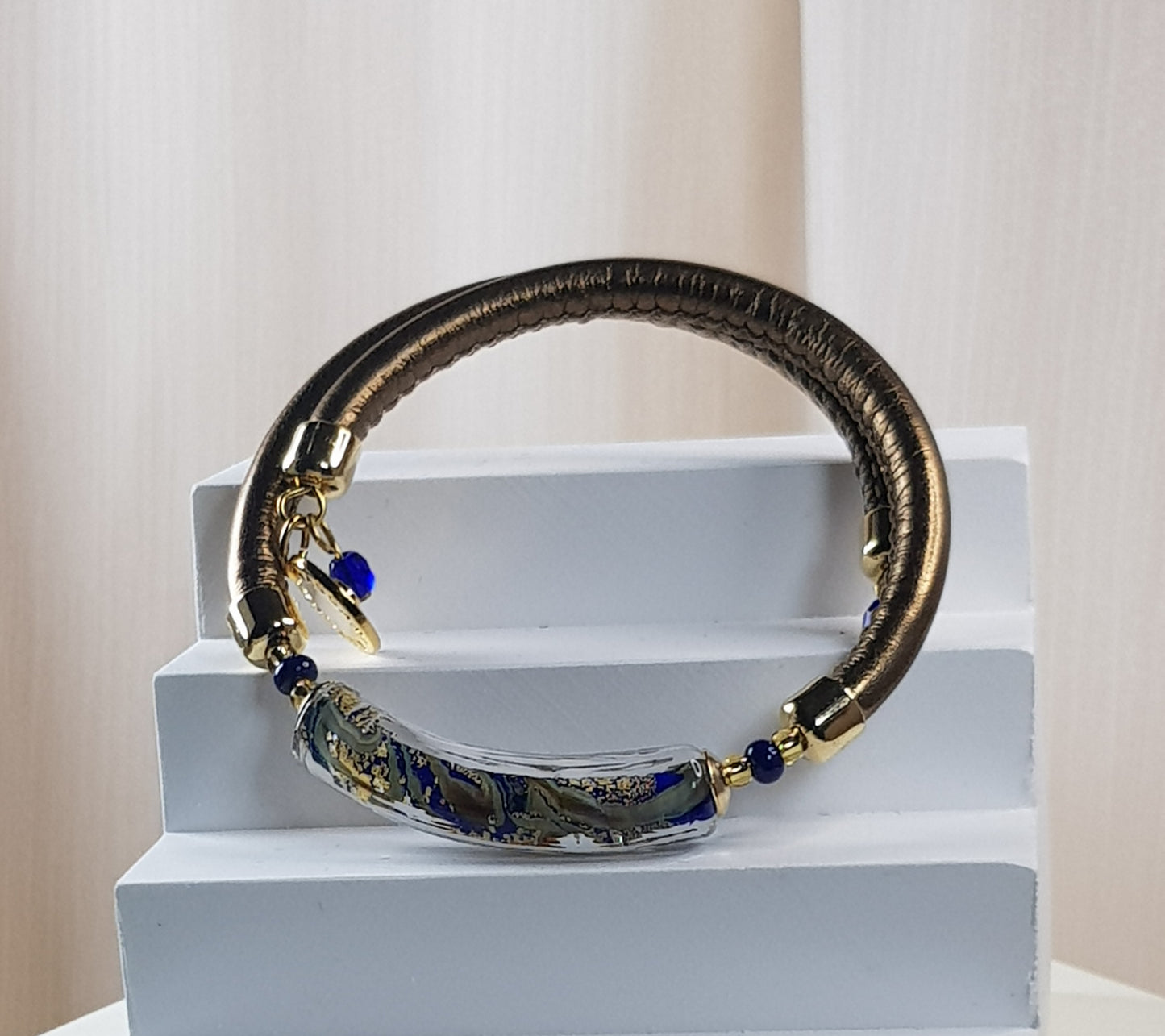 Bracelet murano tube bleu cuivré