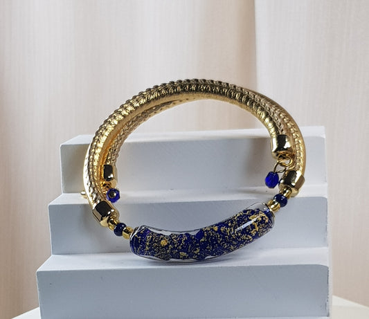 Bracelet murano tube bleu doré
