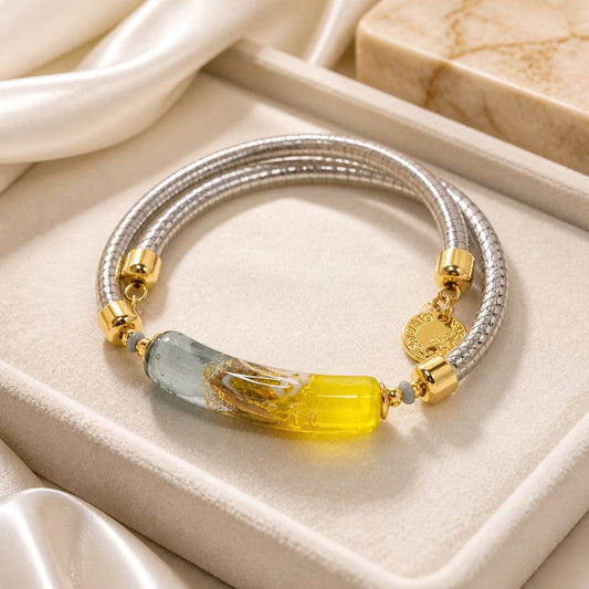 Bracelet Murano Tube Gris Perle Jaune - Verre Vénitien Bicolore
