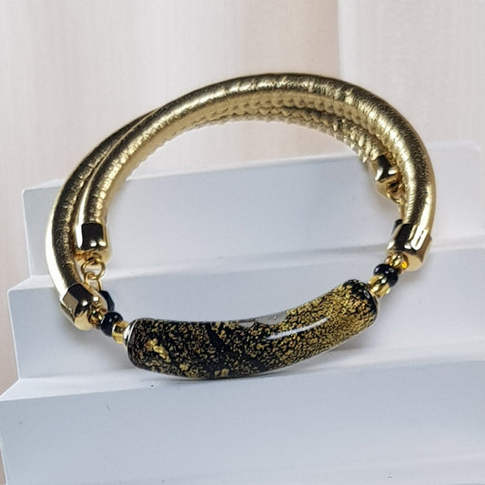 Bracelet murano tube doré noir