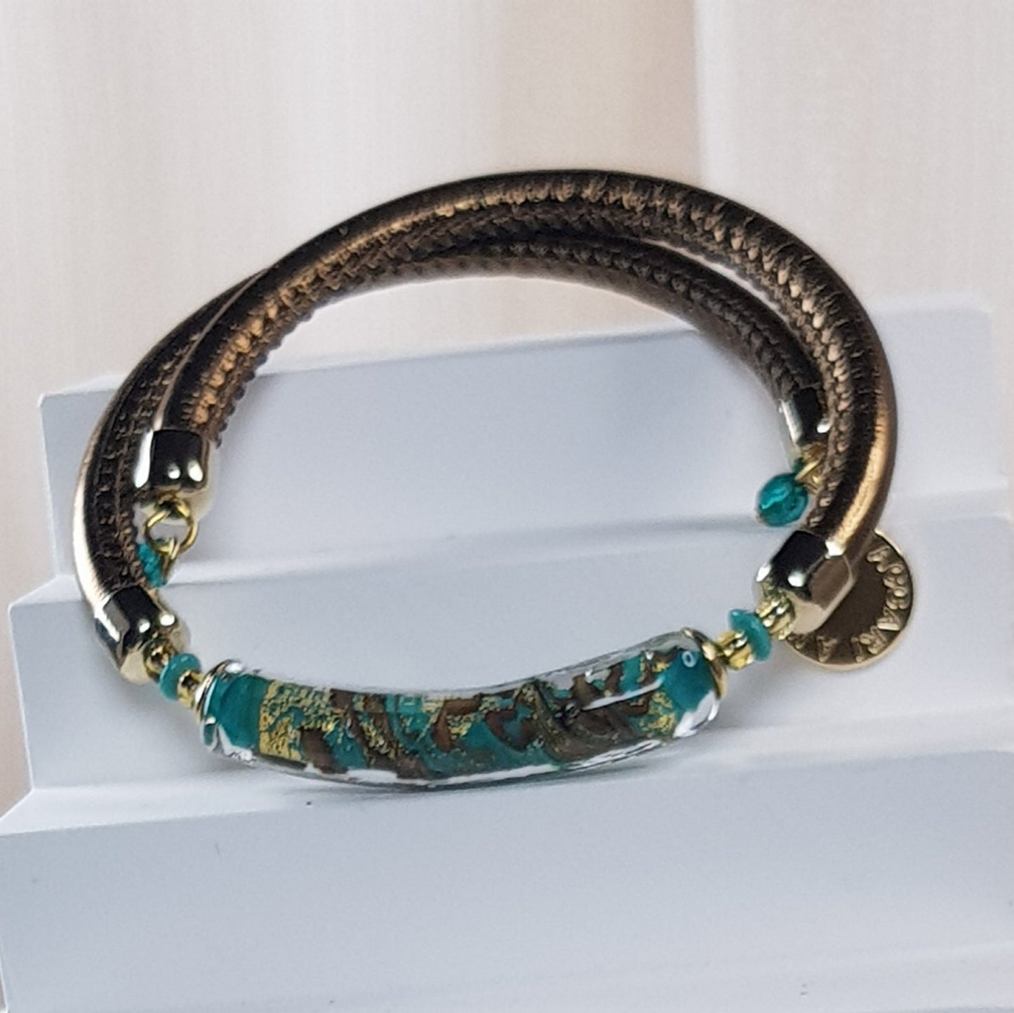 Bracelet murano tube emeraude cuivré
