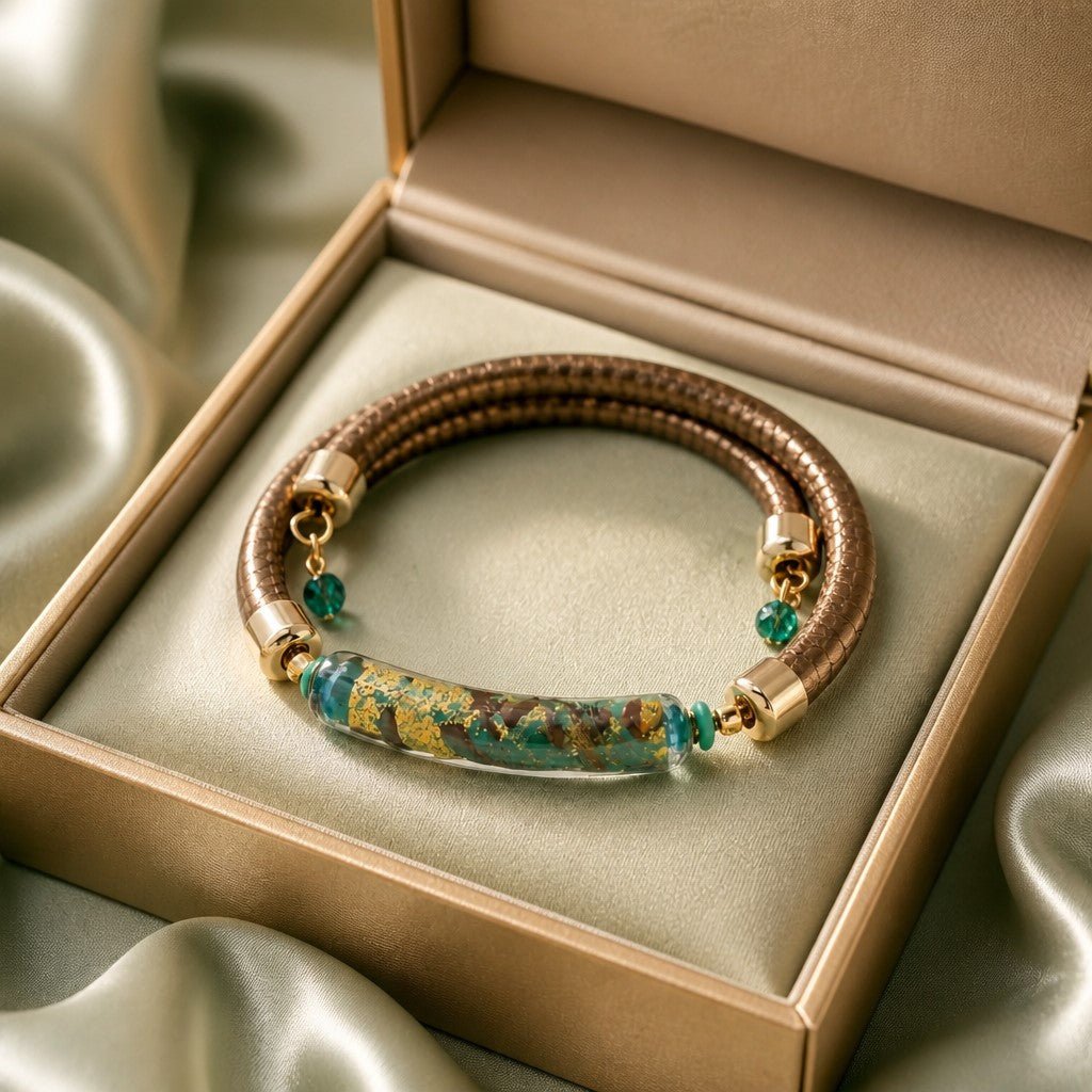 Bracelet Murano Tube Émeraude Cuivré - Éclat Vénitien