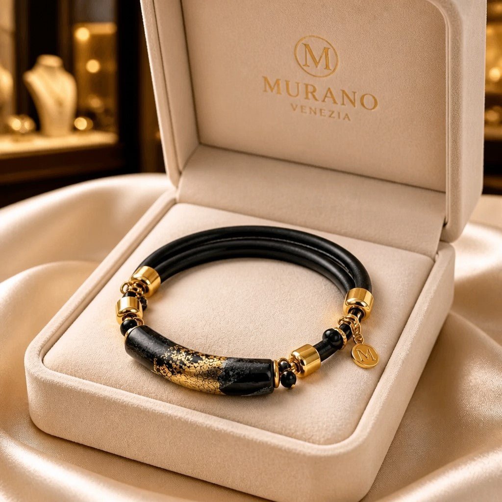 Bracelet Murano Tube Noir et Or  Vénitien