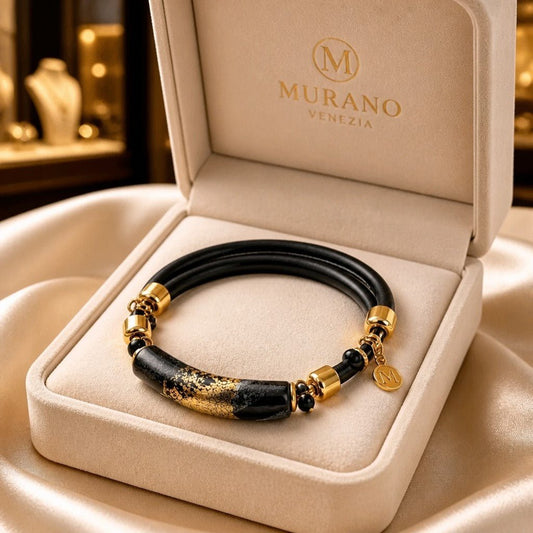 Bracelet Murano Tube Noir et Or  Vénitien