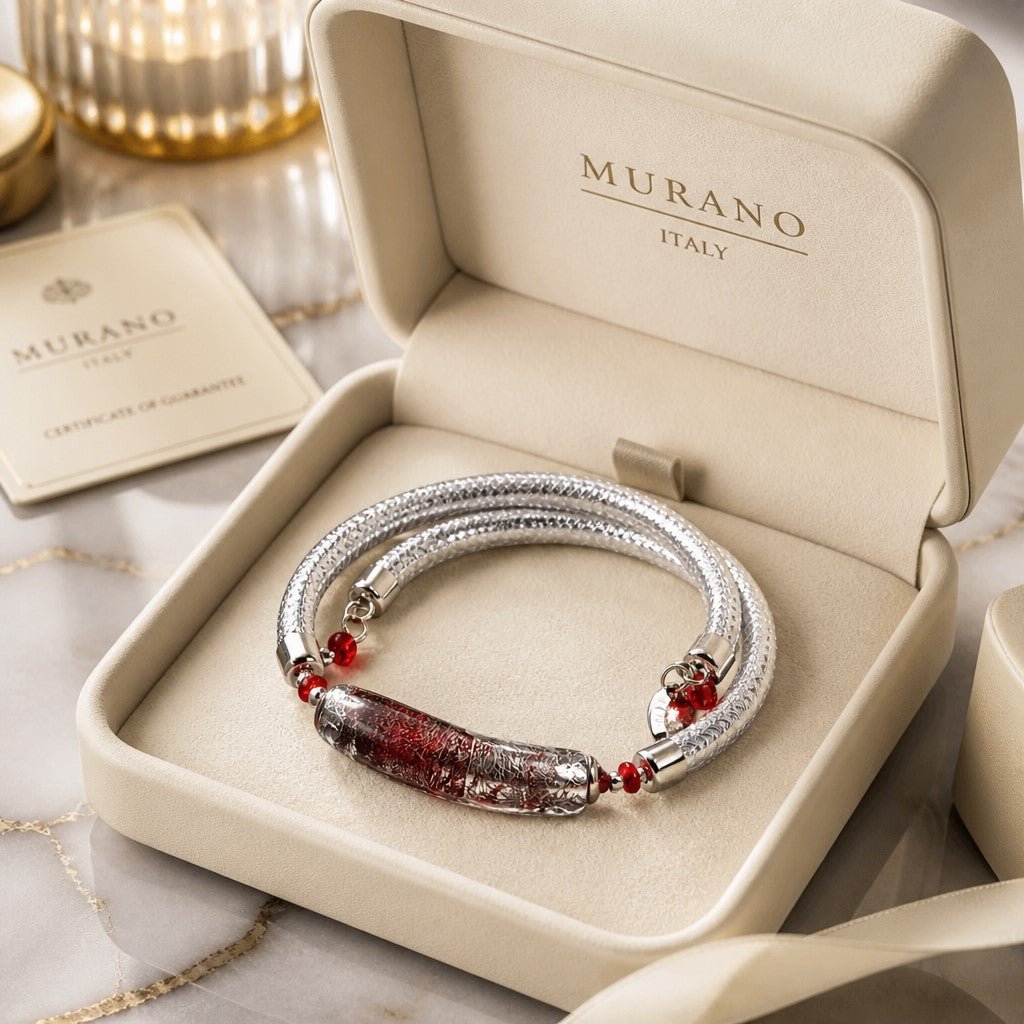 Bracelet Murano Tube Rouge Argenté - Bijou Vénitien Artisanal