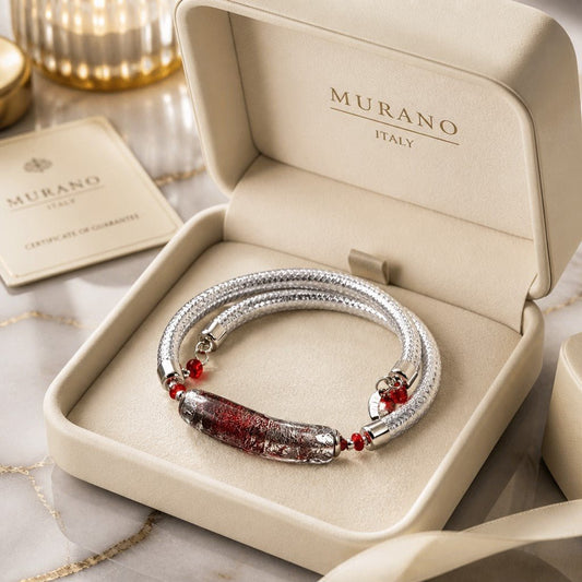 Bracelet Murano Tube Rouge Argenté - Bijou Vénitien Artisanal