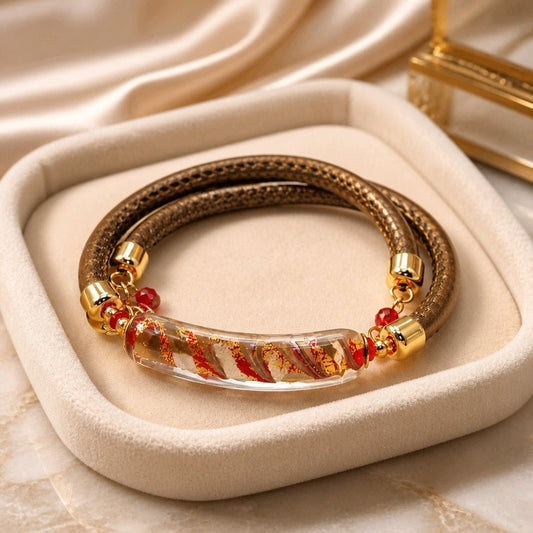 Bracelet Murano Tube Rouge Cuivré - Bijou Vénitien Artisanal