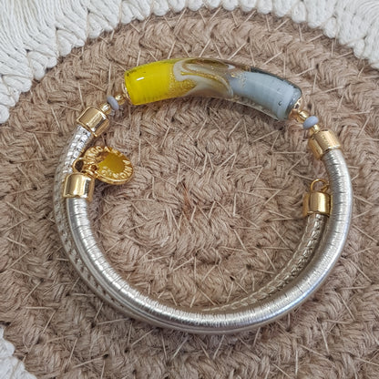 Bracelet murano tube gris perle et jaune