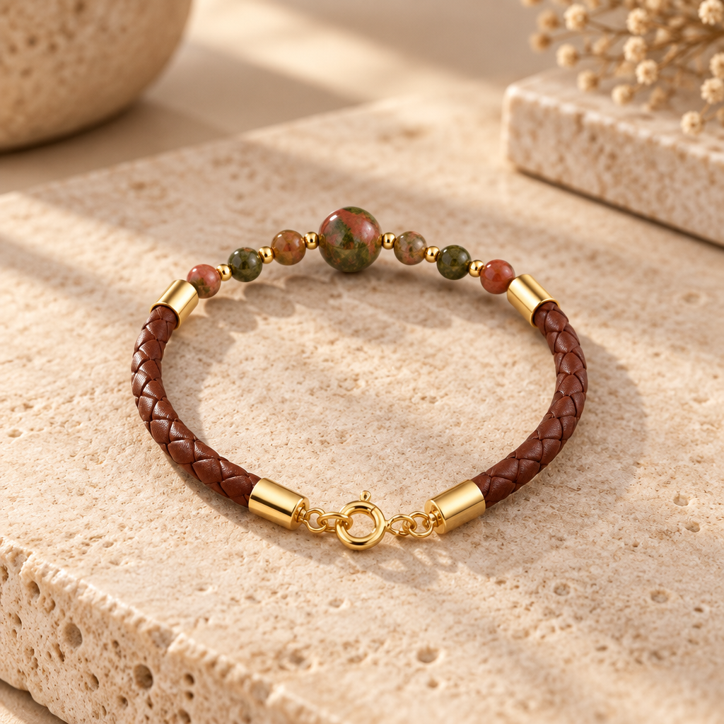 Bracelet unakite Argent doré simili cuir