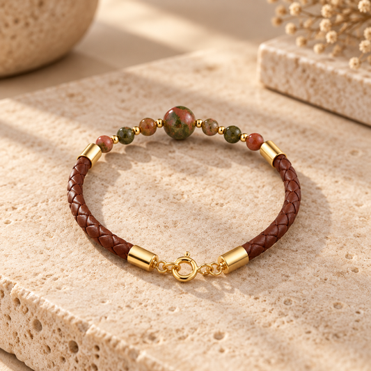 Bracelet unakite Argent doré simili cuir