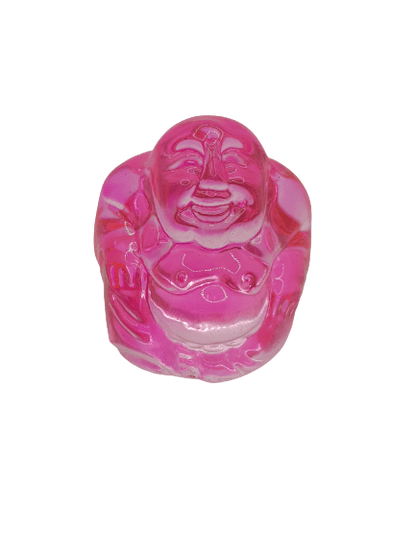 Bouddha en verre fuchsia, porte-bonheur passion et énergie vitale décoratif
